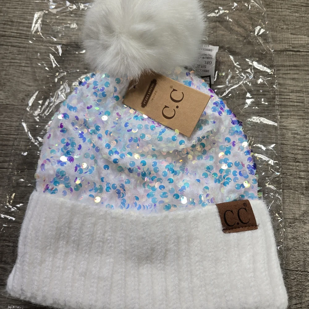 C.C Kids White Iridescent Sequin Pom Hat